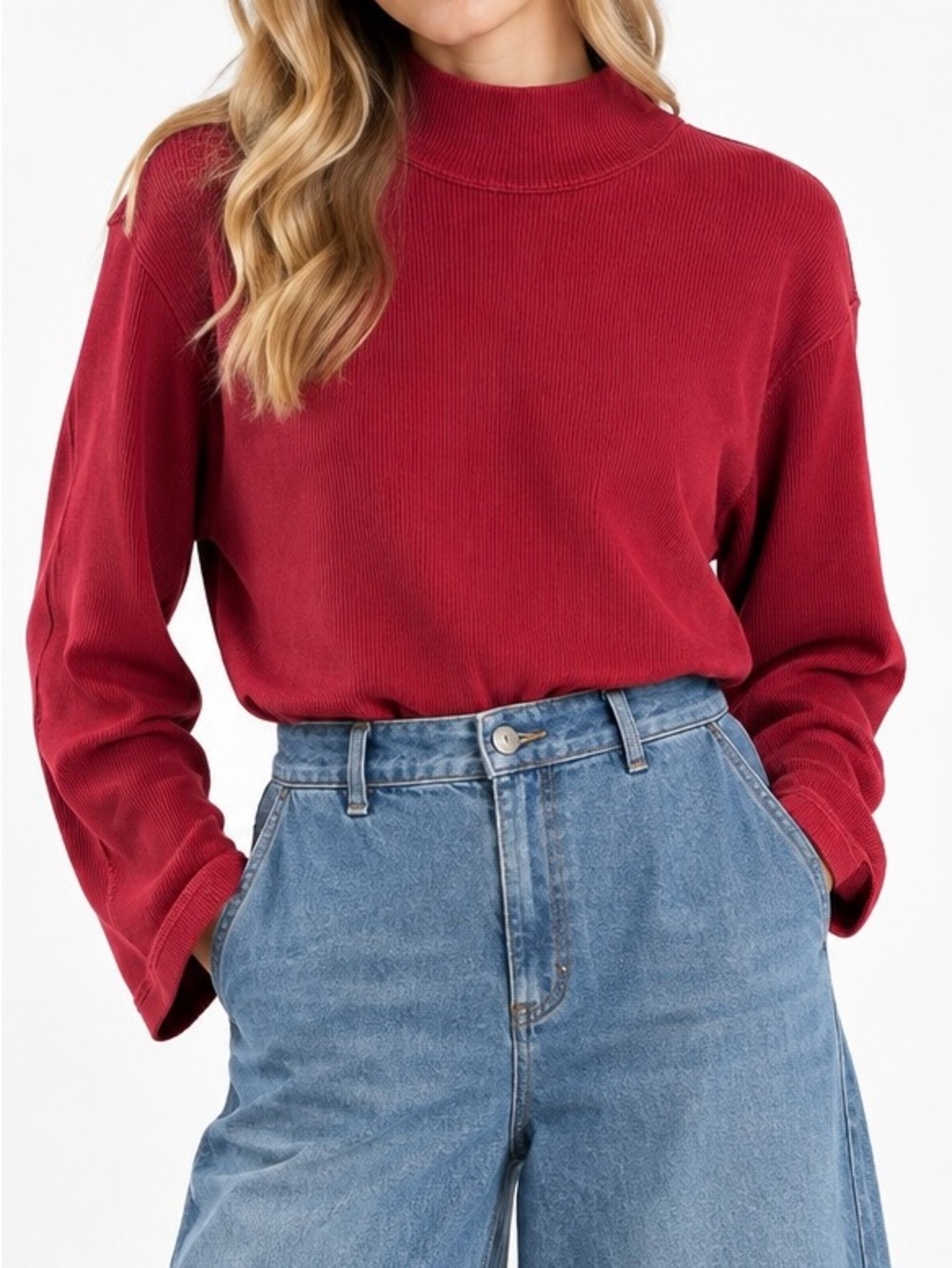 Lizsport Vintage Auburn Dark Red Ribbed Mock Neck Top L Elevated Basics